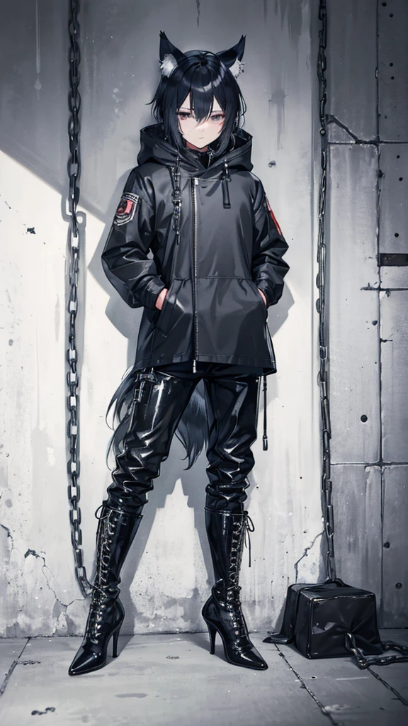 Jail,Movement restricted by chains,Being chained to the wall,Sweat,shortness of breath,Head yoke,whole body,shota,Beastman,Wolf,Wolf Cut,Long Parka,pants,He looks exhausted.,
Shiny lace-up long boots,Stiletto heels,Adhesive Restraint,first round