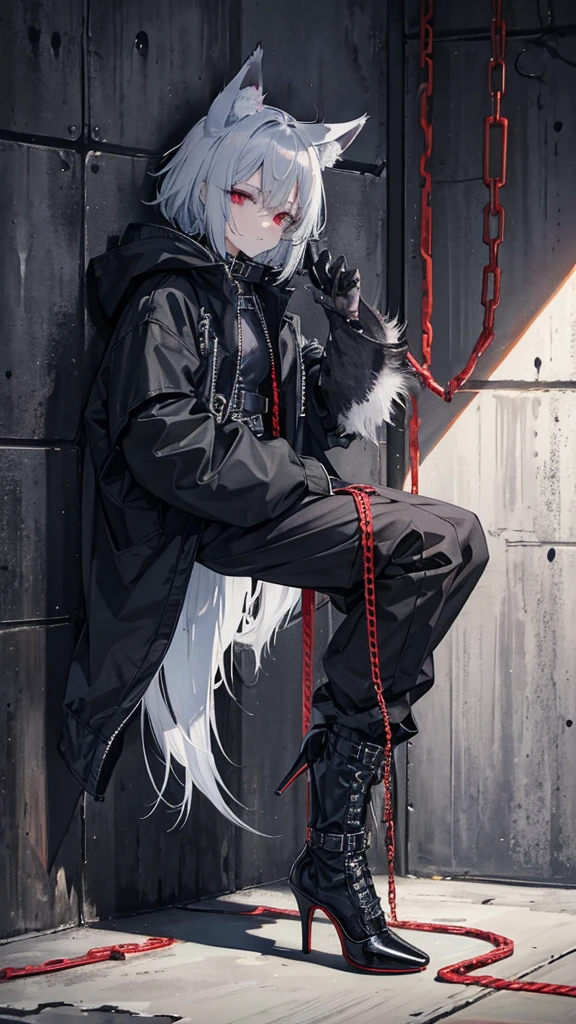 Jail,Movement restricted by chains,Being chained to the wall,Sweat,shortness of breath,Head yoke,whole body,shota,Beastman,Wolf,Wolf Cut,Long Parka,pants,He looks exhausted.,
Shiny lace-up long boots,Stiletto heels,Adhesive Restraint,first round