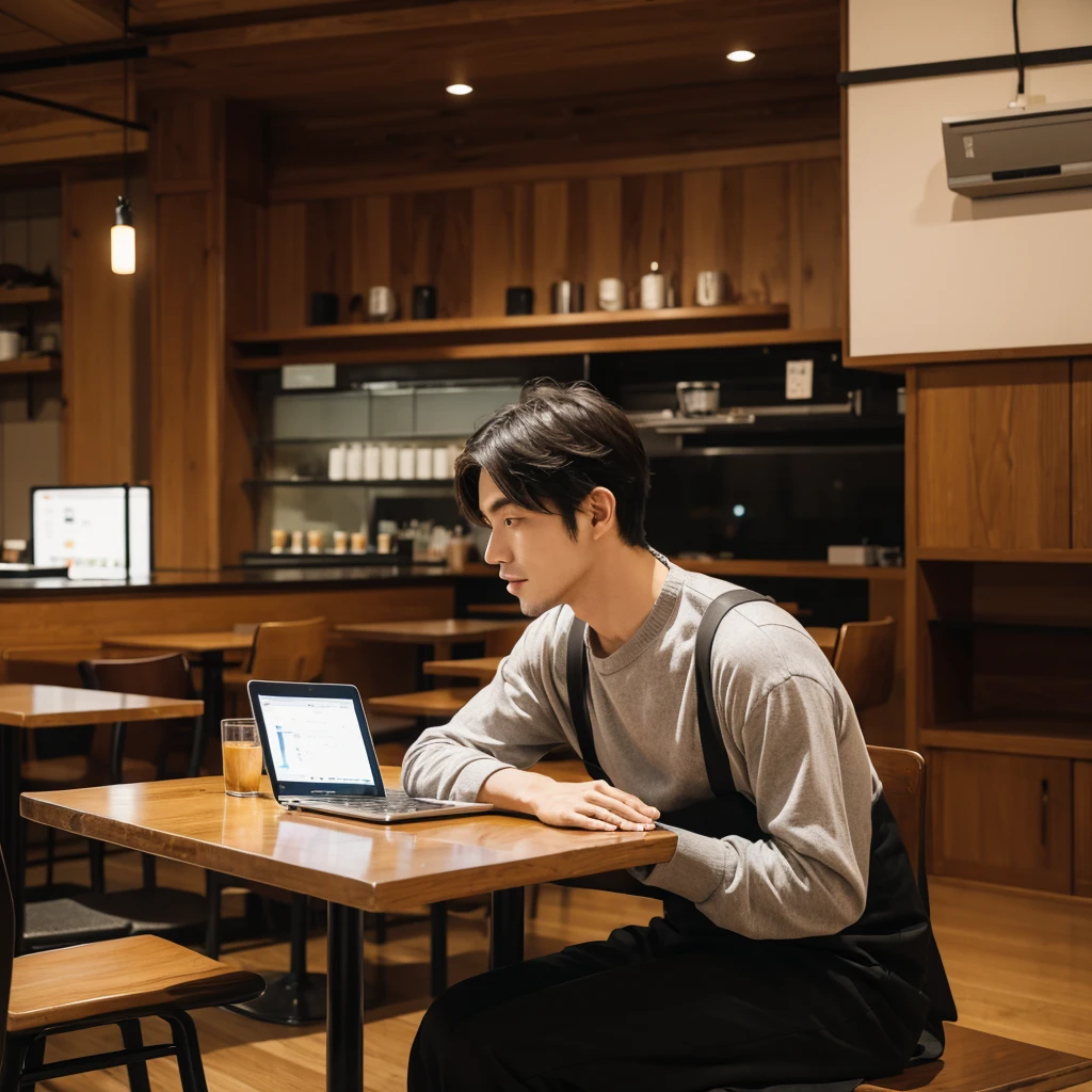 There is a man sitting at a table with a laptop,Japanese men,sitting in a cafe,Facing forward