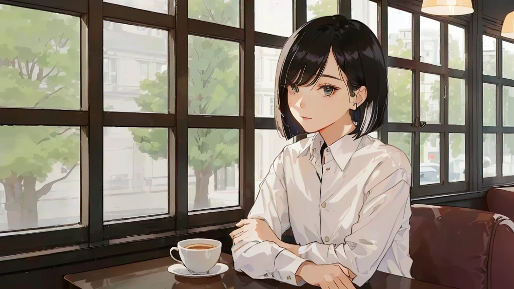 A 32-year-old androgynous adult with a bob cut sitting at a cafe table、Beautiful black hair、Looking down at the tree-lined street below、White coffee cup、Masterpiece、 Sitting alone in a café, Sitting alone in a cafe, Evening Lighting、Wooden retro cafe、White Shirt