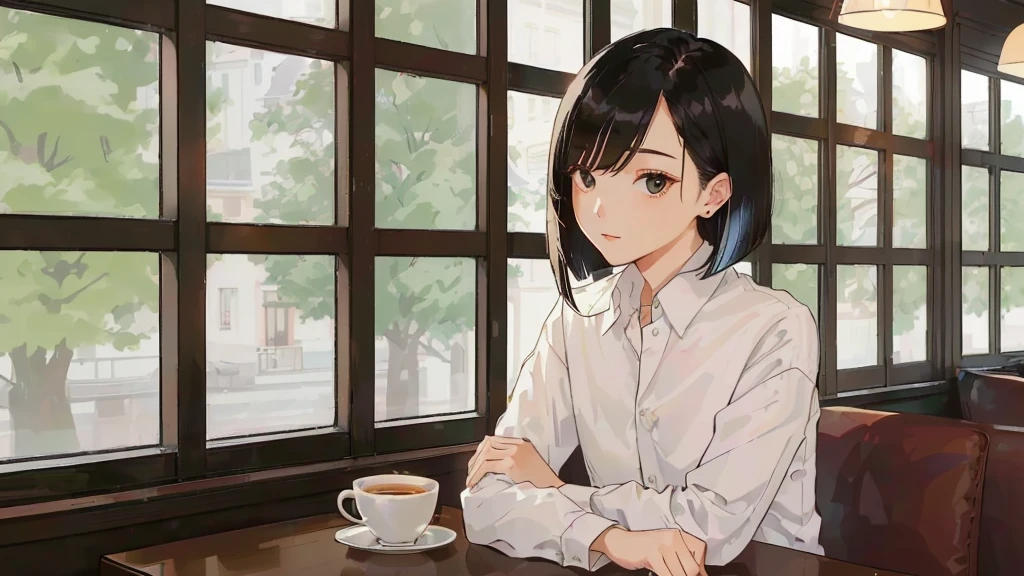 A 32-year-old androgynous adult with a bob cut sitting at a cafe table、Beautiful black hair、Looking down at the tree-lined street below、White coffee cup、Masterpiece、 Sitting alone in a café, Sitting alone in a cafe, Evening Lighting、Wooden retro cafe、White Shirt
