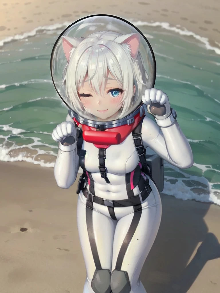 Highly detailed CG, 8k_wallpaper, top quality, masterpiece, higher eyes and nose, very delicate and beautiful, beautiful, detailed, very detailed, intricate, photorealistic, very detailed, (blue eyes: 1), (beautiful hands) , (beautiful fingers ), , (flat chest1.5), necklace (water:1.3), beach, (abs:1.3), (messy hair:1.5), (leaning forward:1), staring audience, (smile:1.3), (one eye closed:1.2), (sweating), (beautiful toes), (6 years old:1.5), (1female), (ash white hair:1.5),(middle hair:1 ), (dark skin: 1.4), (thigh girth: 1.3), beautiful, narrow waist, white thigh highs, skin curve, narrow waist, thighs, wide hips, eyeliner, eyelashes, perfect face, detailed eyes, (dark skin : 1.5),,,swimsuit, space helmet, CAT EARS, bubble helmet, eva helmet, WHITE BODYSUIT, , (PAW POSE:1.5)