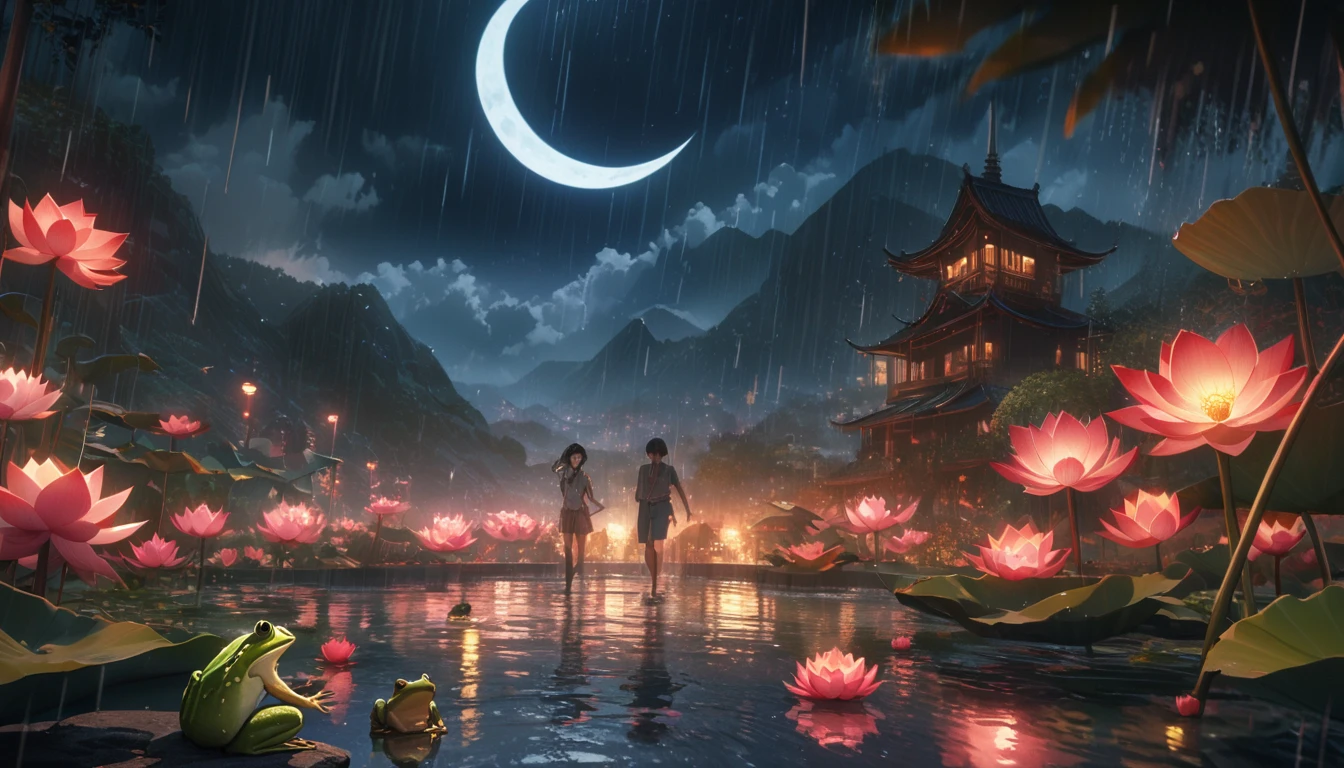 night, Only moonlight illuminates, crescent moon, mountains in the distance, Beautiful big lotus nearby, Big red lotus, There is running water next to it, frog, Summer is full of joy, crescent moon in the sky mixed with stars, amazing wallpapers, rainy night, rainy night, Beautiful and beautiful, Movie, high detail ((downpour))), 8K