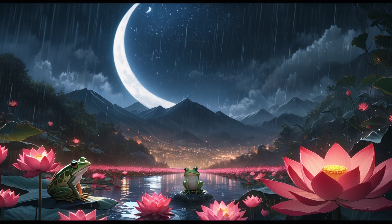 night, Only moonlight illuminates, crescent moon, mountains in the distance, Beautiful big lotus nearby, Big red lotus, There is running water next to it, frog, Summer is full of joy, crescent moon in the sky mixed with stars, amazing wallpapers, rainy night, rainy night, Beautiful and beautiful, Movie, high detail ((downpour))), 8K