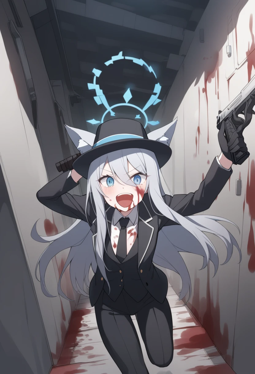 girl,Silver long hair, blue eyes, Wearing a black suit covered in blood,Black gloves, Black pants stained with blood, uninhabited alley,laughing out loud, blue halo,Black Hat,Gray wolf ears,Black Tie,With a pistol in hand,There is a lot of blood on the body,insanity,alone ,Blood on the face