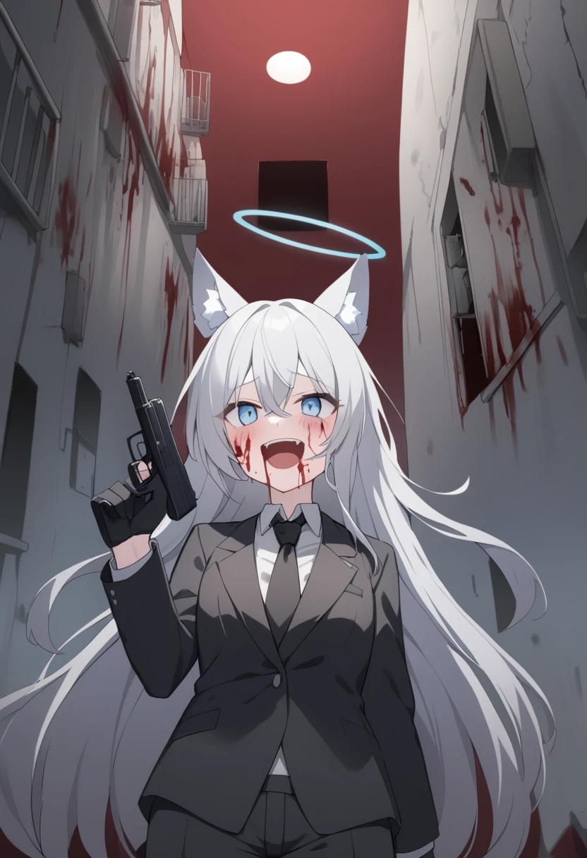 girl，Silver long hair, blue eyes, Wearing a black suit covered in blood,Black gloves, Black pants stained with blood, uninhabited alley，laughing out loud, blue halo，Black Hat，Gray wolf ears，Black Tie，With a pistol in hand，There is a lot of blood on the body，insanity，alone ，Blood on the face