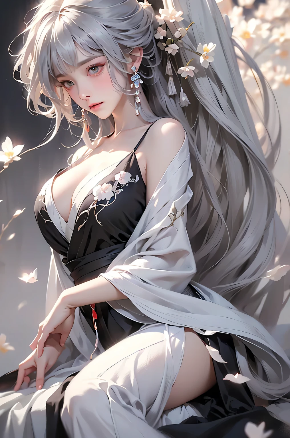 super high quality, masterpiece, Perfect illustration, Very detailed (Exquisite light and shadow, Very dramatic photo,Backlight) , ((Gray Hair:1.5))1 Girl,(( alone:1.6)), (Wearing Han clothes, Black and white Hanfu,Monotony,Long sleeve) Flower Field, Flowers, (White smoke:1.3) (Realistic:1.4), Zen Intertwining, Tangled, Official Art, unity 8k wallpaper, Very detailed, Beautiful and beautiful, masterpiece, Highest quality, (Dynamic Angle: 1.4), Glowing Skin, (Floating colorful flashes: 1) The most beautiful chaotic shapes, elegant, Brutalist Design, Bright colors, Romantic Depth of Field Exotic_dance, half_naked、Expose your shoulders、Ample breasts、Great cleavage、(from forward)
