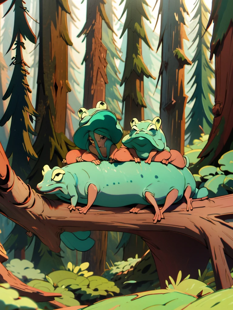 little green frogs smiling in the forest on a log
