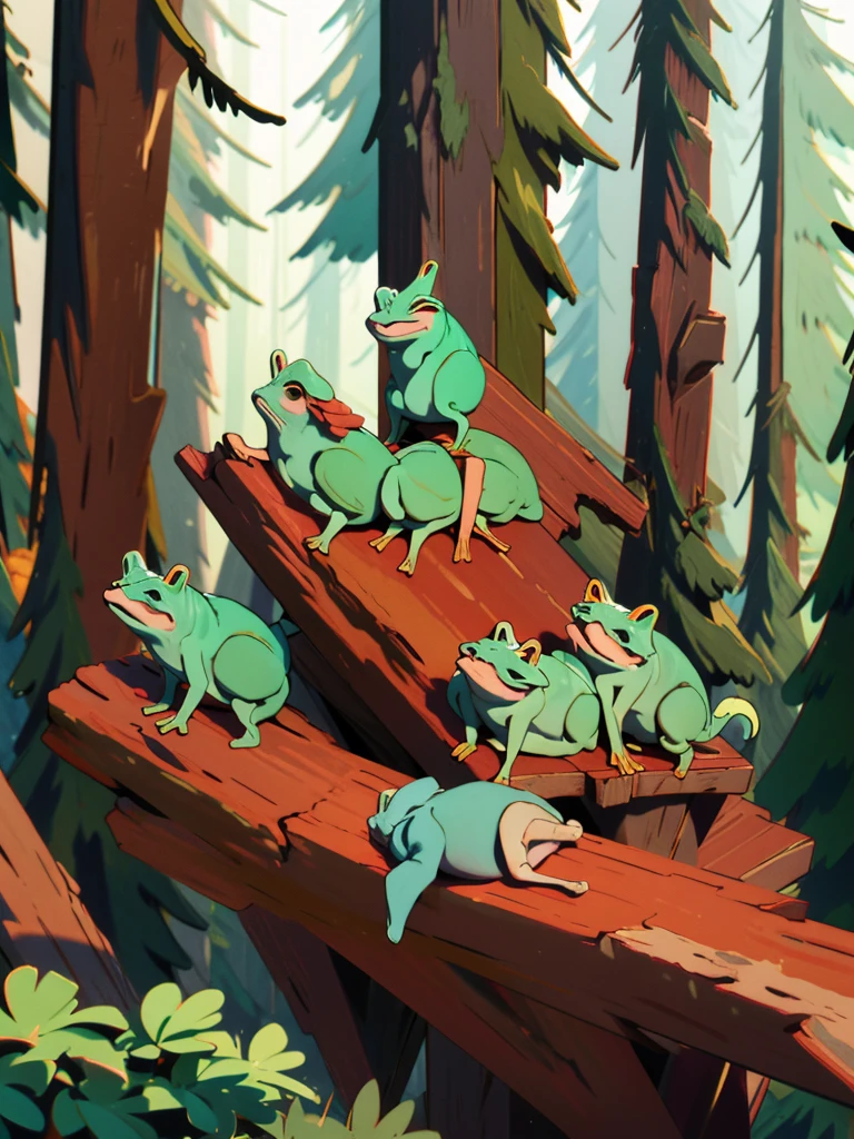 little green frogs smiling in the forest on a log
