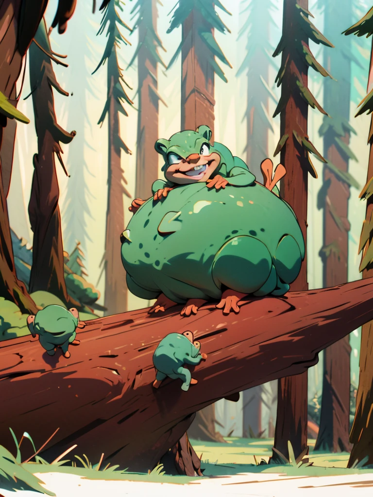 little green frogs smiling in the forest on a log
