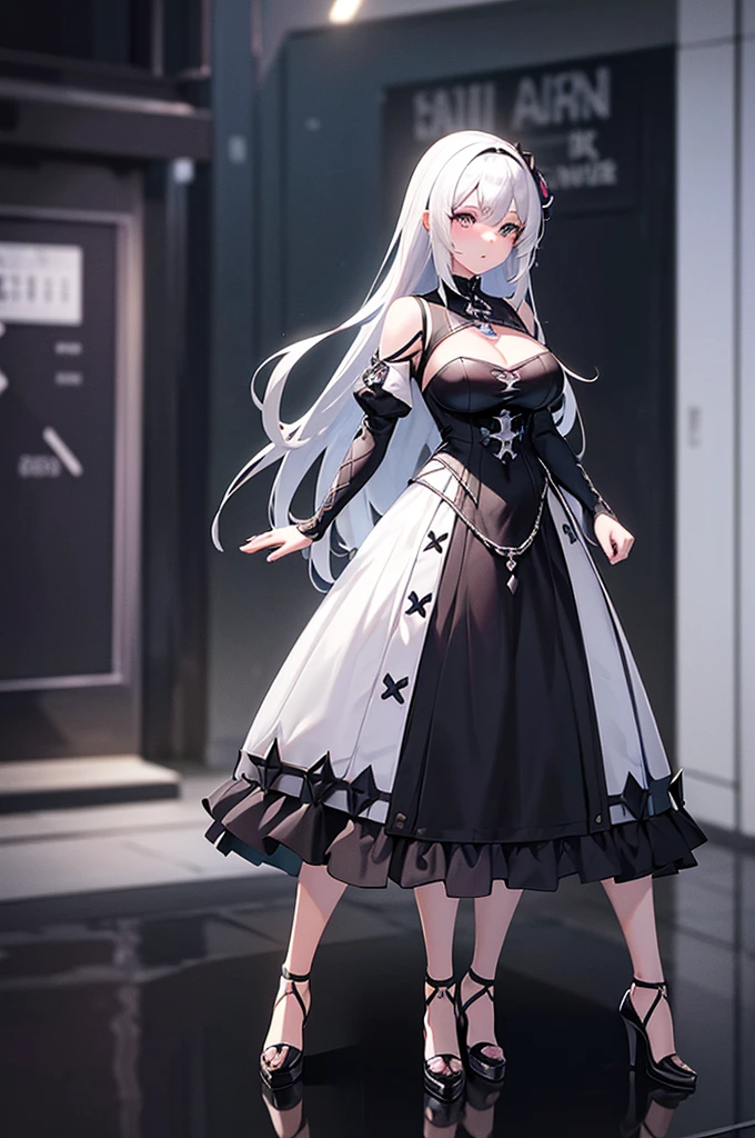 Anime-style image of a woman with white hair and black clothing, Cute 3D anime girl render, Cute anime waifu in a nice dress, From Arknights, Anime VTuber Full Body Model, April Rendering, Anime girl in a black dress, Gothic Maiden Anime Girl, Highly detailed characters, Official character art