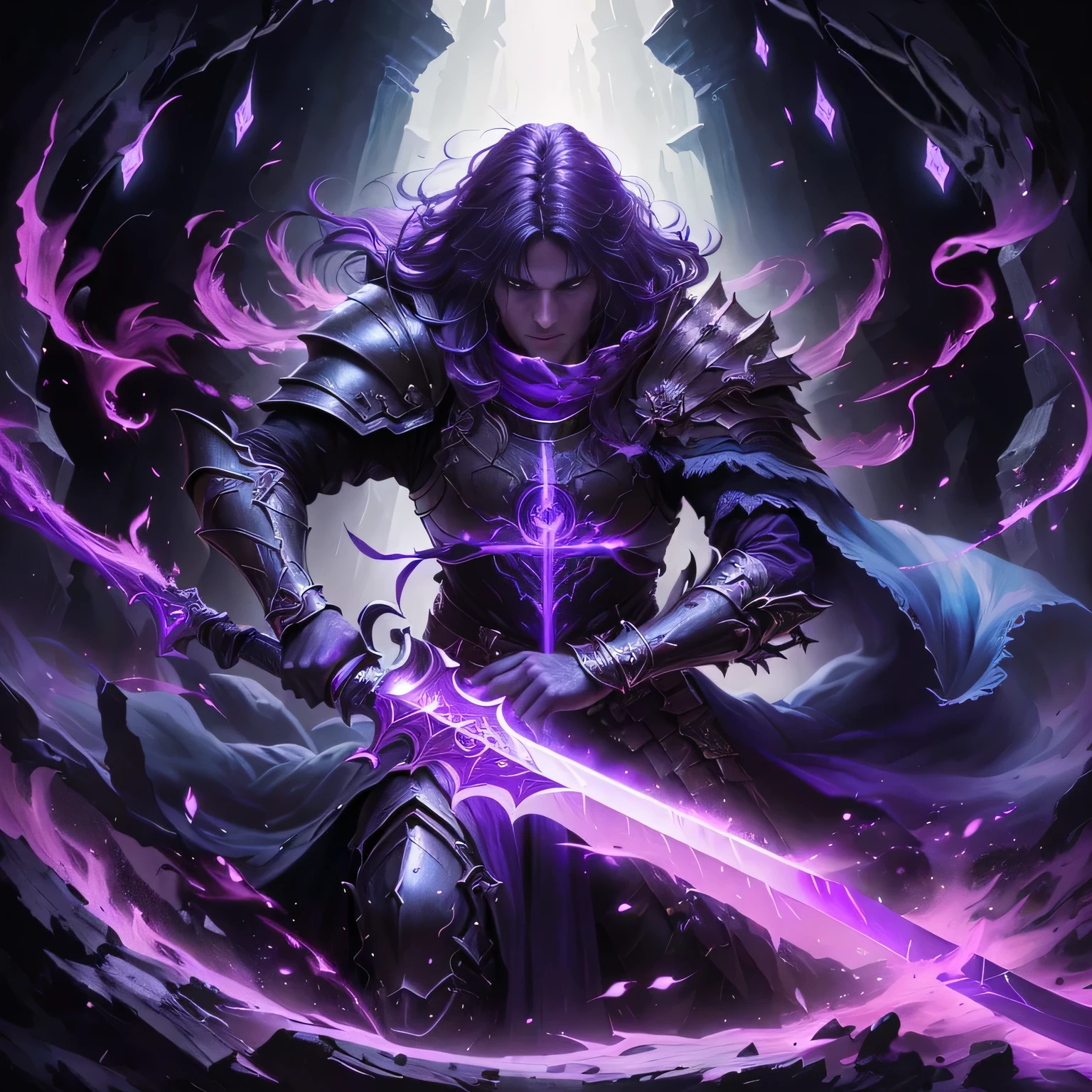a close-up of a person with a sword in a dark room, epic fantasy digital art style, painted in the style arcane, epic fantasy art style, epic fantasy style art, epic fantasy art style hd, detailed 2D fantasy digital art, purple glowing core in armor, arcane art style, full portrait of the magic knight, dark fantasy style art