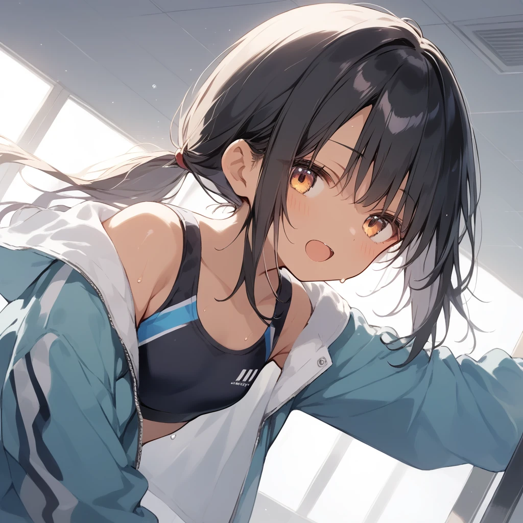 score_9, score_8_up, score_7_up, source_anime, best quality, masterpiece, official art, absurdres, highres, ultra-detailed,waifu2x,Collection: Slice of Life,break,1girl, tomboy, dark-skinned female, short hair, low ponytail, flat chest, track suit, sports bra, beautiful detailed eyes, dressing, sweat, open mouth, (yawn:0.3), sleepily, locker room, indoors, wind,break,(clear line illustration:1.2), super detailed skin,very high resolution, very aesthetic, Best sexual lighting powered by famous artist, 8k,cute picture,beauty illustration,photoshop_(medium),,(Detailed Lighting),best anime 8k konachan wallpaper, pixiv contest winner, 