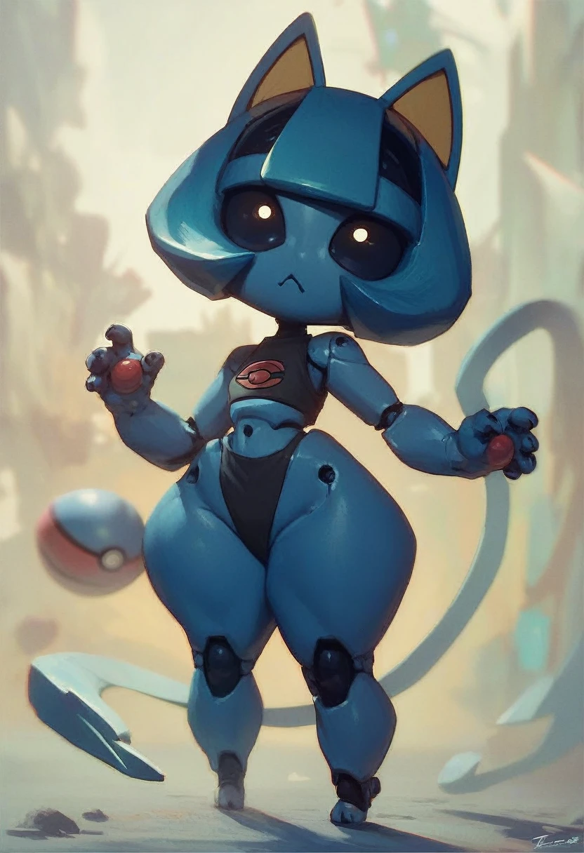 ((Best quality ,artwork )), robot cat female humanoid, wide hips , Dark blue body , big cat ears , ((Pokémon style )) , short hair ,(( shortstack)), small geet , ((Black pupils)).