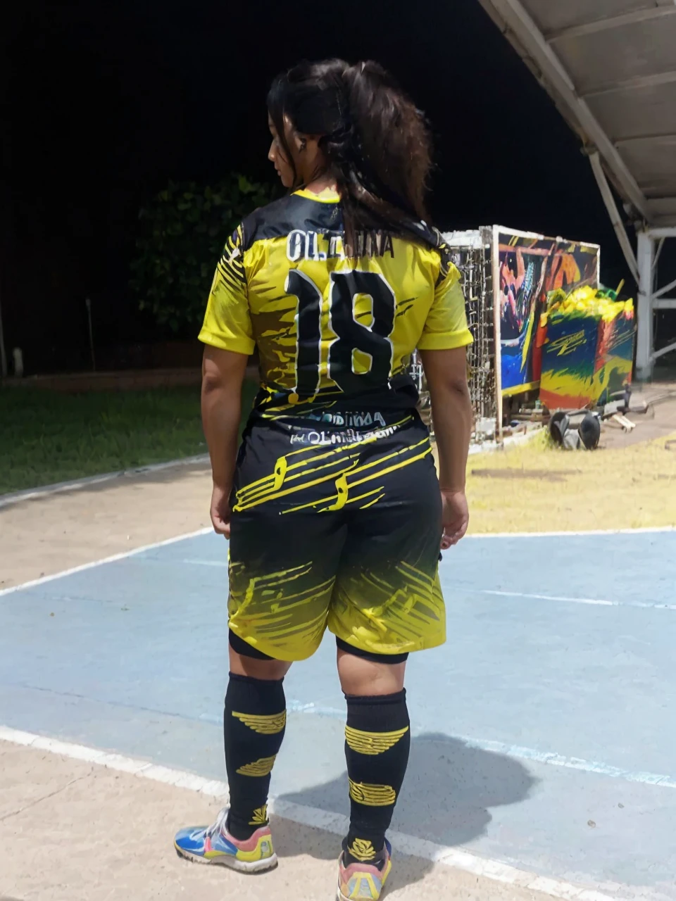 (Masterpiece:1.1), (of the highest quality:1.1), whole body, long hair, good anatomy, ,(1 girl:1.2), (detailed face and eyes:1.25), Alone, black fur, Brown eyes, (huge breasts:1.3), ((Colombia national team uniform:1.2), blush, looking at the tv, mature woman, Side locks, Tachibana Kyouka,, session, elysiumchar, oil painting,