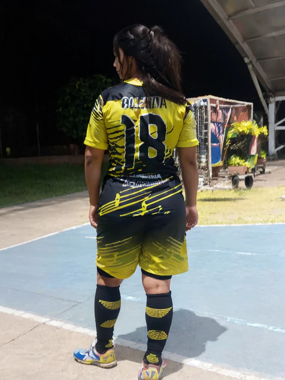 (Masterpiece:1.1), (of the highest quality:1.1), whole body, long hair, good anatomy, ,(1 girl:1.2), (detailed face and eyes:1.25), Alone, black fur, Brown eyes, (huge breasts:1.3), ((Colombia national team uniform:1.2), blush, looking at the tv, mature woman, Side locks, Tachibana Kyouka,, session, elysiumchar, oil painting,