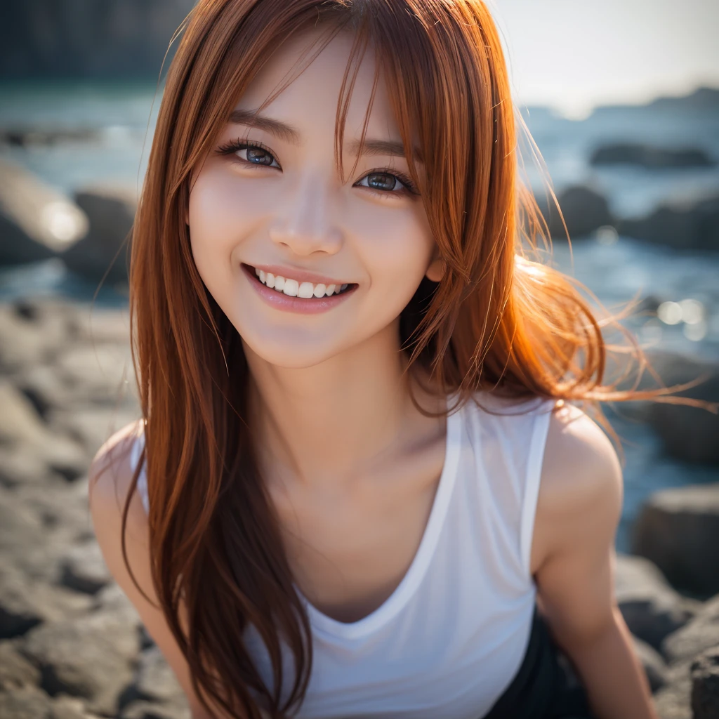 highest quality、8k、32K、Masseter muscle part、nffsw:1.3)、cute japanese girl、1 girl、long hair、profile、(crack your abs、slim body shape:1.2)、(lips) 、smiling showing teeth,(orange hair)、double eyelid、shiny skin、realistic rays of light、big、beautiful face、(laughter:1.3)、squat、(From above:1.2)、(Close-up:1.4)、coastal、white t-shirt、blurred background、(front focus)、(dark: 1.6)、fantasy art、photo realistic、professional lighting、highly detailed face、award-winning、deep shadow、((Ultra-realistic raw photos)),fine eyes,Eyes like the real thing,fine hair,