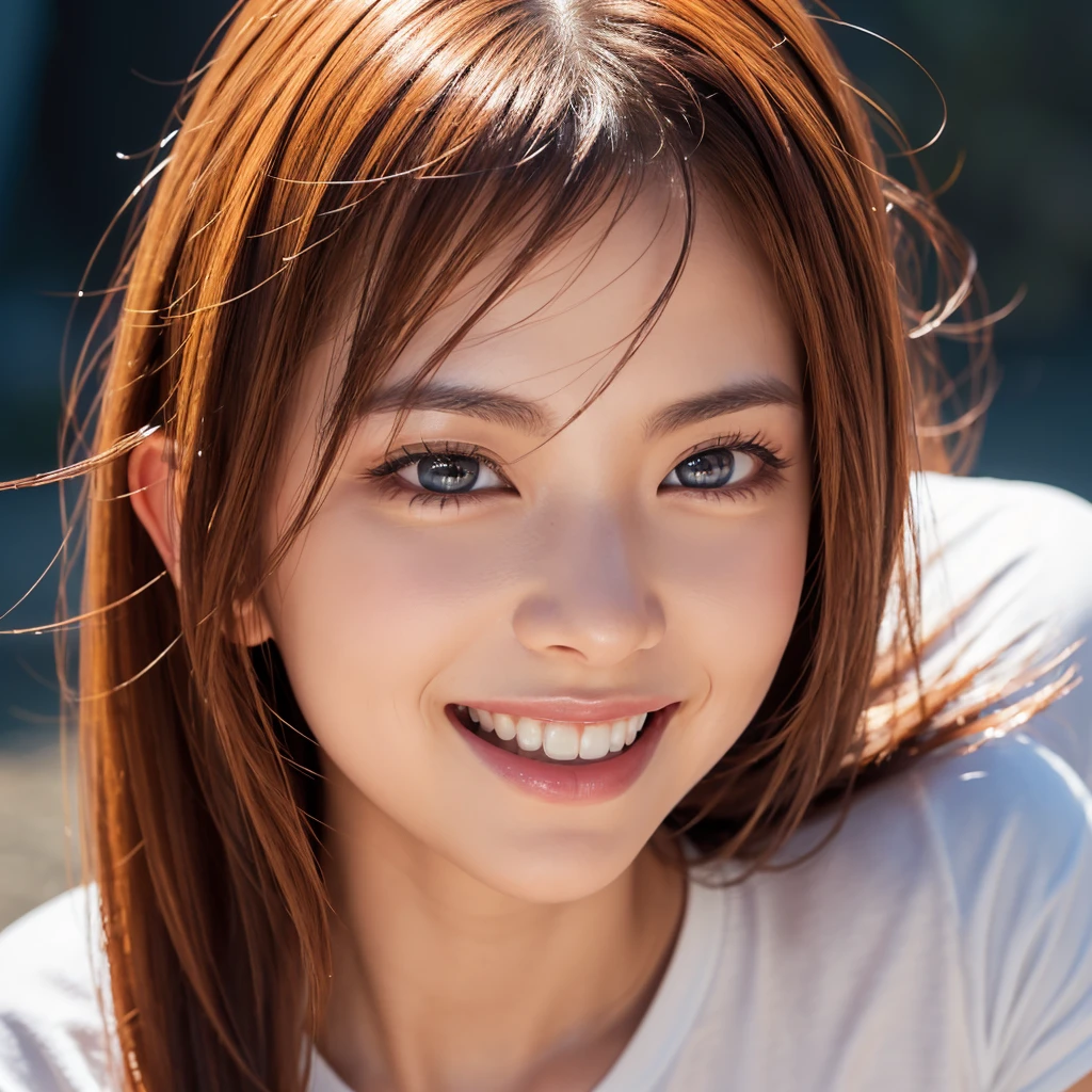 highest quality、8k、32K、Masseter muscle part、nffsw:1.3)、cute japanese girl、1 girl、long hair、profile、(crack your abs、slim body shape:1.2)、(lips) 、smiling showing teeth,(orange hair)、double eyelid、shiny skin、realistic rays of light、big、beautiful face、(laughter:1.3)、squat、(From above:1.2)、(Close-up:1.4)、coastal、white t-shirt、blurred background、(front focus)、(dark: 1.6)、fantasy art、photo realistic、professional lighting、highly detailed face、award-winning、deep shadow、((Ultra-realistic raw photos)),fine eyes,Eyes like the real thing,fine hair,