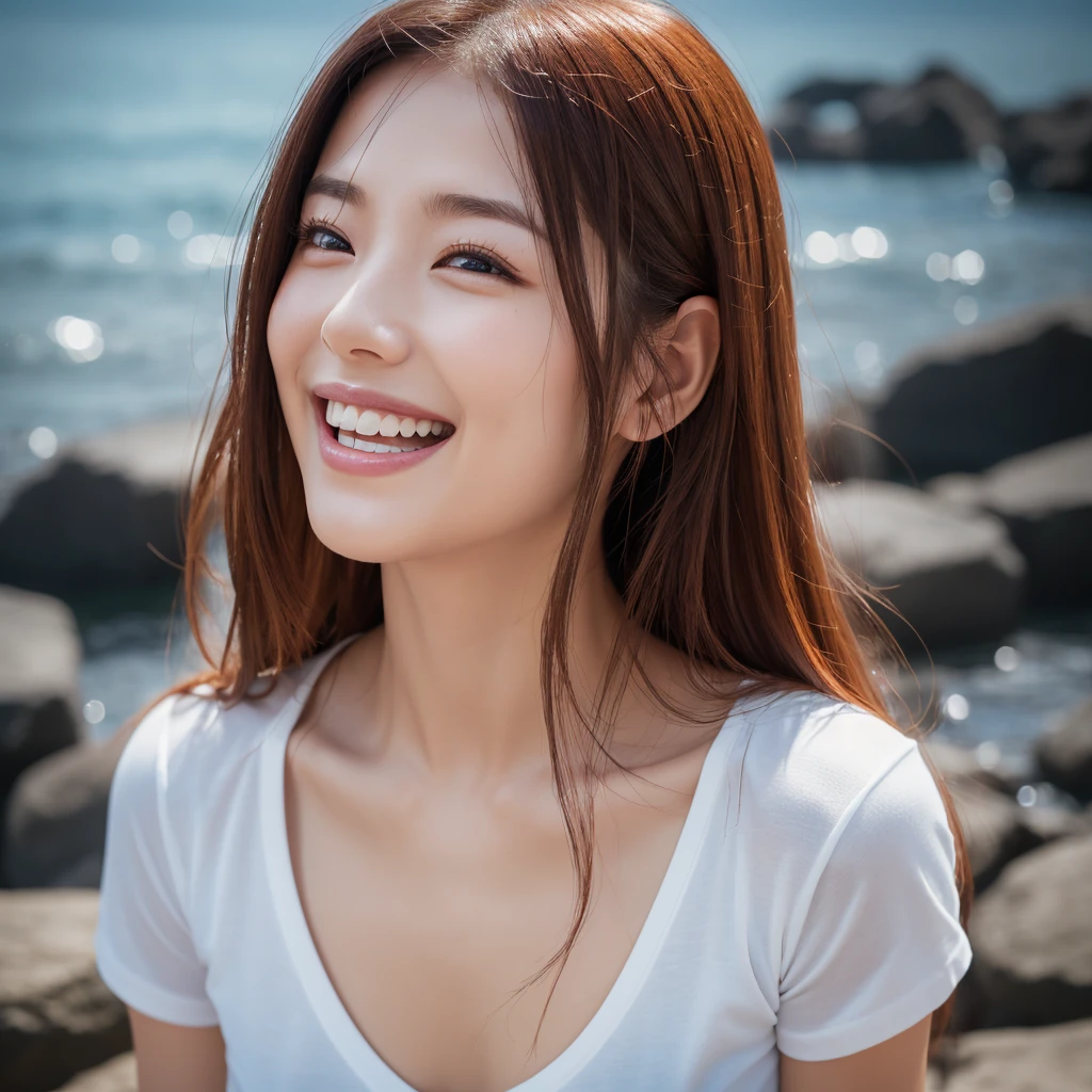 highest quality、8k、32K、Masseter muscle part、nffsw:1.3)、cute japanese girl、1 girl、long hair、profile、(crack your abs、slim body shape:1.2)、(lips) 、smiling showing teeth,（orange hair）、double eyelid、shiny skin、realistic rays of light、big、beautiful face、(laughter:1.3)、squat、(From above:1.2)、(Close-up:1.4)、coastal、white t-shirt、blurred background、(front focus)、(dark: 1.6)、fantasy art、photo realistic、professional lighting、highly detailed face、award-winning、deep shadow、((Ultra-realistic raw photos)),fine eyes,Eyes like the real thing,fine hair,