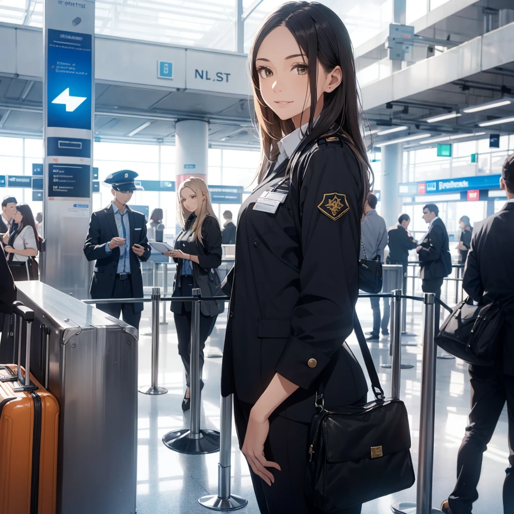 A female airport staff member standing at an information desk in a modern airport terminal. She is dressed in a professional uniform, with a friendly and welcoming expression. The background includes signs in multiple languages, people walking by with luggage, and an overall busy airport atmosphere. The lighting is bright and natural, giving a clean and efficient look to the scene