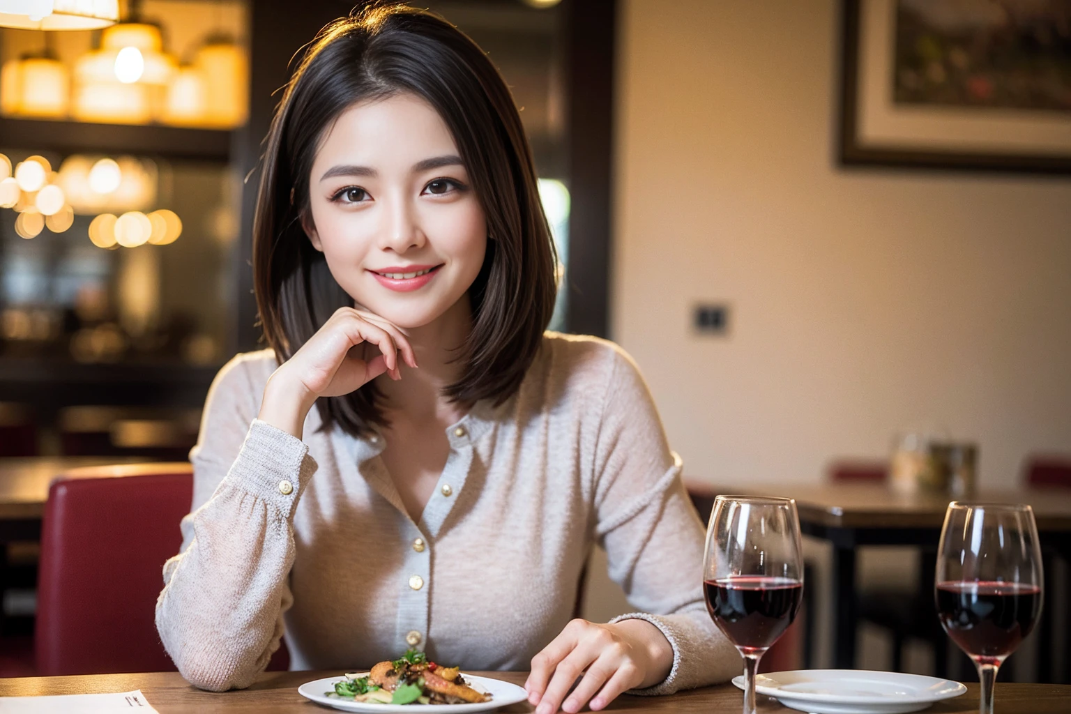 ((Highest quality、8K、masterpiece:1.3))、Shortcuts、cute、slimカップル、modelカップル、actress男優、(Realistic, Intricate details:1.2), full-course dinner、Wine Party、Amazing view of the sunset sky and clouds、A bright smile、short hair,Bright Face、45 years old), 42 years old, red wine 、Appetizers、Italian food、Wine bottle、Champagne、sparkling wine、Two beauties、Brown Hair、Shortcuts、Long sleeve shirt、dress、Beautiful woman 1, (slimな顔), (The body is slim), (Brown Hair), (Shortcuts), cheeks turn a little red,Attractive beauty、restaurant, In a prominent place (From the waist up) Nova Frog Style, actress, model, Upper Body, White wine, slim, wine glass, 中央に置かれたwine glass, smile, (smile: 1.15), Beautiful fine grain, Depth f/2,saturation, High Contrast, Strong light and shadow,Moist Body:1.5、3D texture、Delicate eyes、Brown Hair、The hair is very shiny、