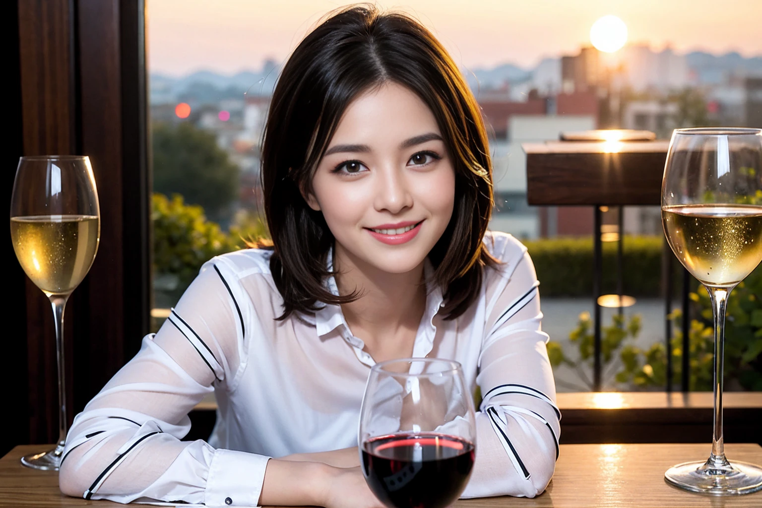 ((Highest quality、8K、masterpiece:1.3))、Shortcuts、cute、slimカップル、modelカップル、actress男優、(Realistic, Intricate details:1.2), full-course dinner、Wine Party、Amazing view of the sunset sky and clouds、A bright smile、short hair,Bright Face、45 years old), 42 years old, red wine 、Appetizers、Italian food、Wine bottle、Champagne、sparkling wine、Two beauties、Brown Hair、Shortcuts、Long sleeve shirt、dress、Beautiful woman 1, (slimな顔), (The body is slim), (Brown Hair), (Shortcuts), cheeks turn a little red,Attractive beauty、restaurant, In a prominent place (From the waist up) Nova Frog Style, actress, model, Upper Body, White wine, slim, wine glass, 中央に置かれたwine glass, smile, (smile: 1.15), Beautiful fine grain, Depth f/2,saturation, High Contrast, Strong light and shadow,Moist Body:1.5、3D texture、Delicate eyes、Brown Hair、The hair is very shiny、
