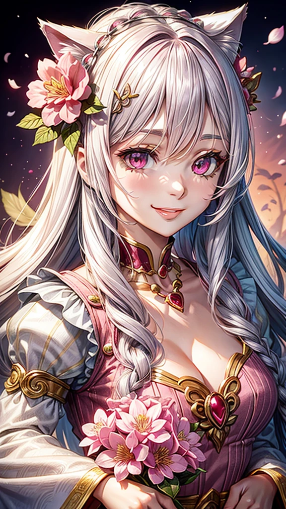 Silver hair, pink eyes, older woman, pink red and gold clothes, hair flower ornament, cat ears, necklace, long hair, smiling face, upper body, sakura