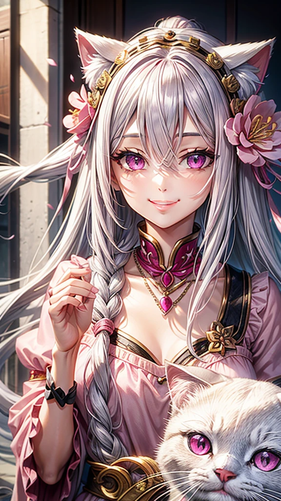 Silver hair, pink eyes, older woman, pink red and gold clothes, hair flower ornament, cat ears, necklace, long hair, smiling face, upper body, sakura