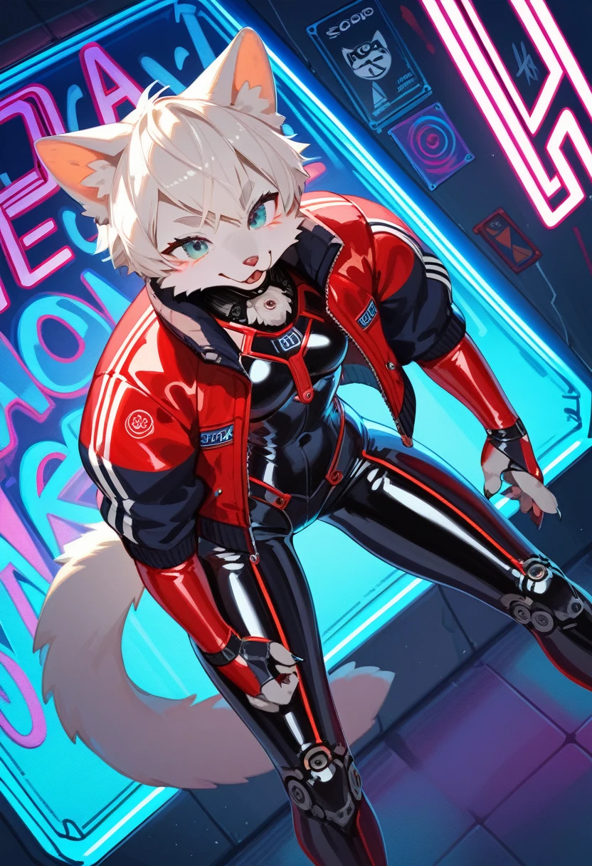 animation, Highest quality, Highest quality, High quality illustrations, masterpiece, Ultra-high resolution, Detailed Background, Futuristic Bar, Graffiti art on the wall, Absurd, Perfect Anatomy, performance, Good lighting, Shadows in the movies(kemono, Furry PersonifiCation), Cat, Blueskin, Red Rubber Suit, latex, neon, neonライト, neonカラー, Bodysuits, Cyber Suit, Leather Half Jacket, cyber punk, Dynamic Angle