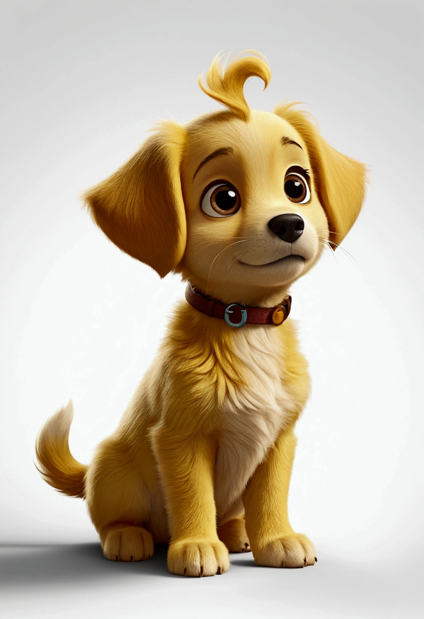 little puppy, filhote, White background, disney pixar 3d style, Simpler, fluffly, short dark yellow coat, bright coloured, tail curled up, looking at side, from sideways, Profile 
