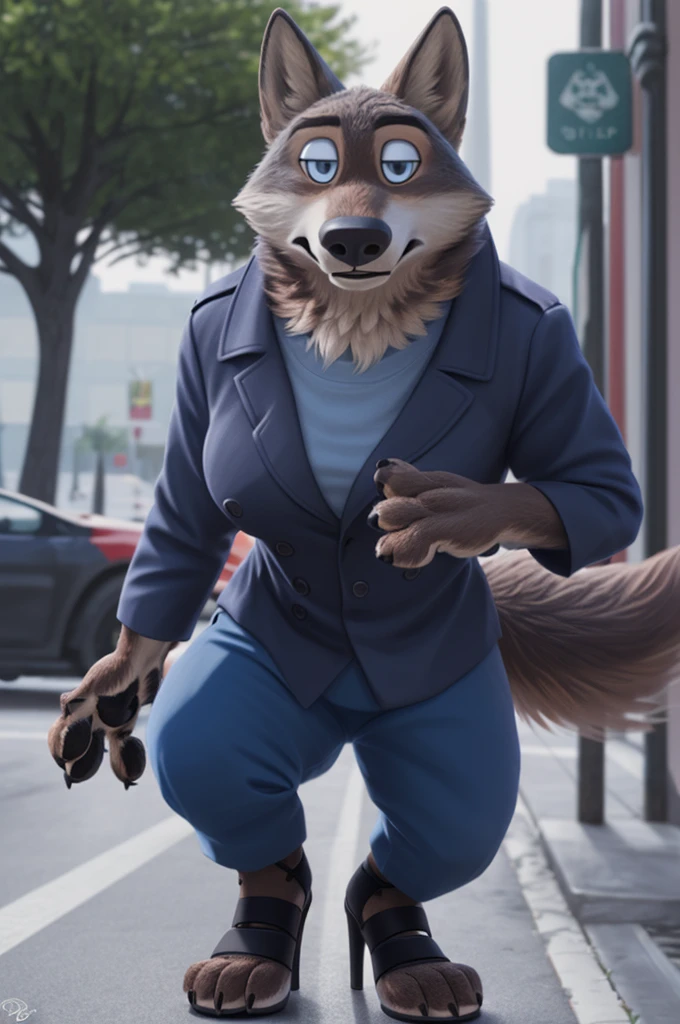 Emilia (Zootopia), wolf, Gray Fur, (brown body:1.3), Blue eyes, Zootopia, draw up,pomade, dressed,blue jacket,shirt,blue pants,high heel sandals, female breast,canine, wolf, detailed fur, Female, second, paw pads, finger claws, At the viewer, 5 fingers, paws, 5 fingers,goes to a woman'shoe store and chooses heels,mood,open mouth, cameras with flash, loving husband,two children,close to the camera,держу high heel sandals,
BREAK from nextel, for dating, by xenoforge, (difficult, high detail, film photography, soft focus, RAW, fluororealism, realistic, photorealistic, digital style, Subsurface scattering,in a woman'shoe store,
masterpiece, Best quality, ultra realistic, 8 thousand.)