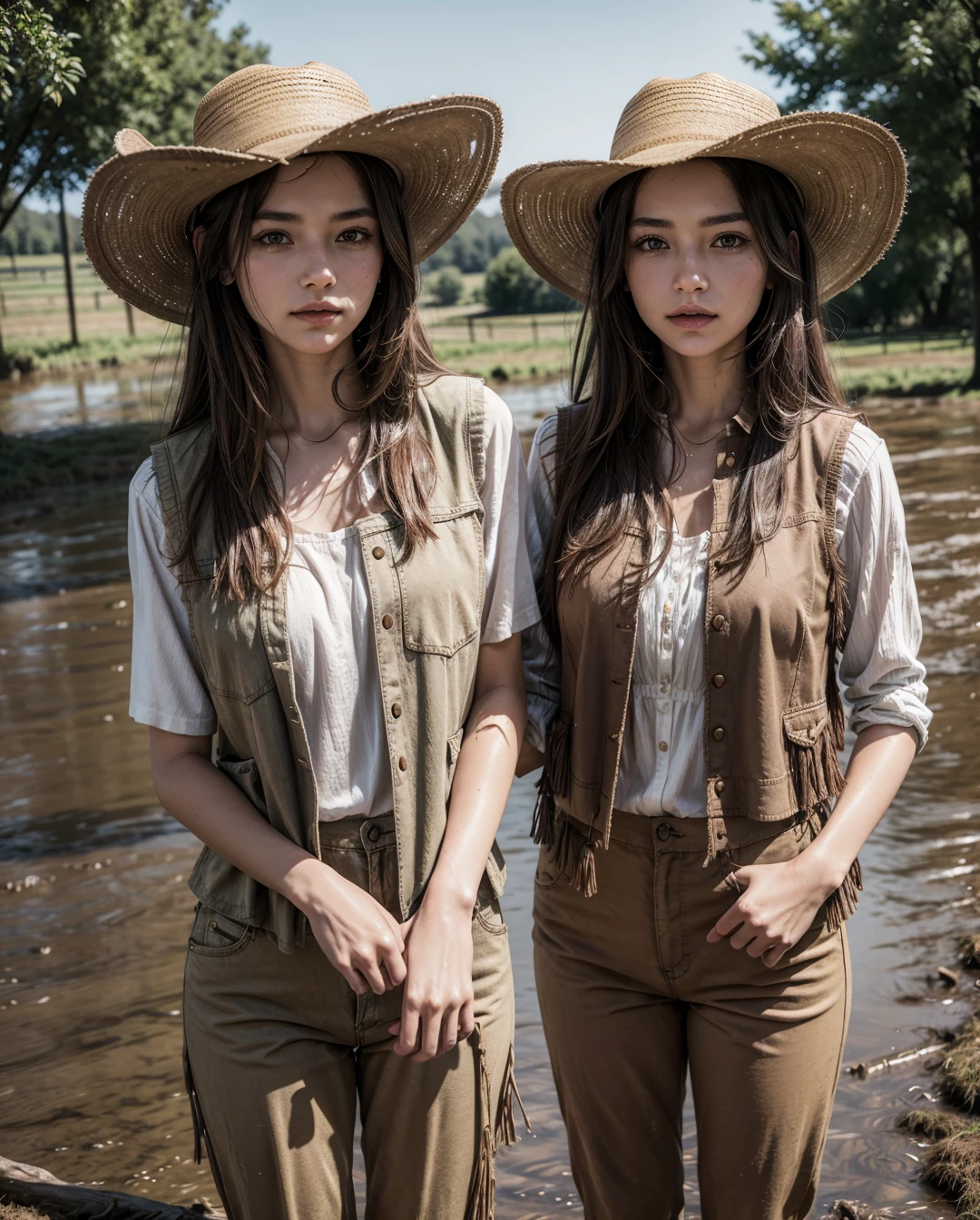 portrait of beautiful women in muddy farm:1.2 , cowboy hat, fringed vest , pants, tissue , Trust , medium chest,