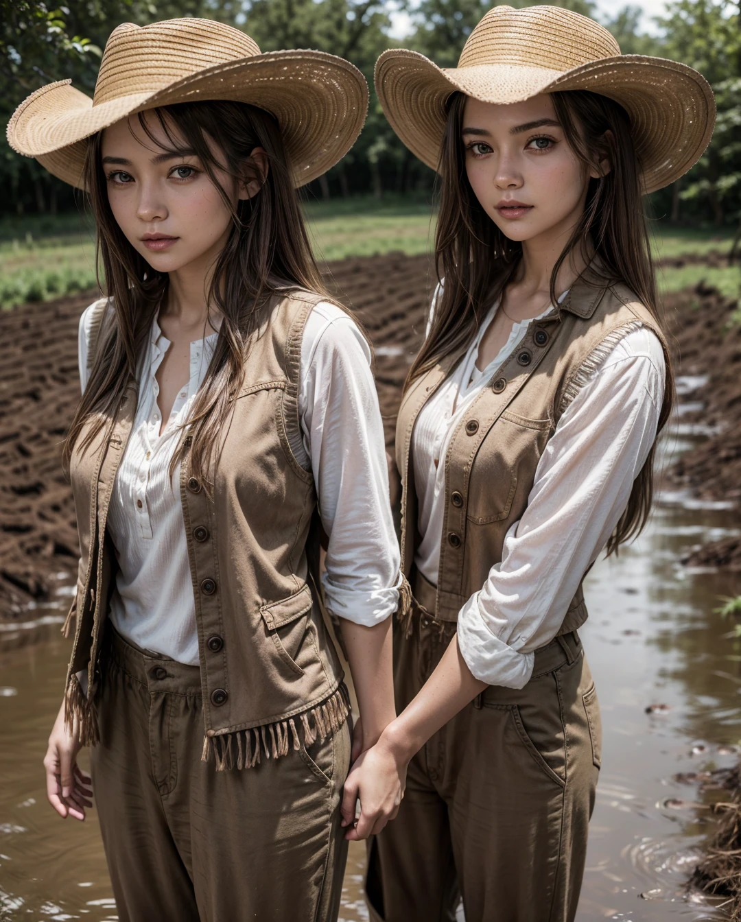 portrait of beautiful women in muddy farm:1.2 , cowboy hat, fringed vest , pants, tissue , Trust , medium chest,