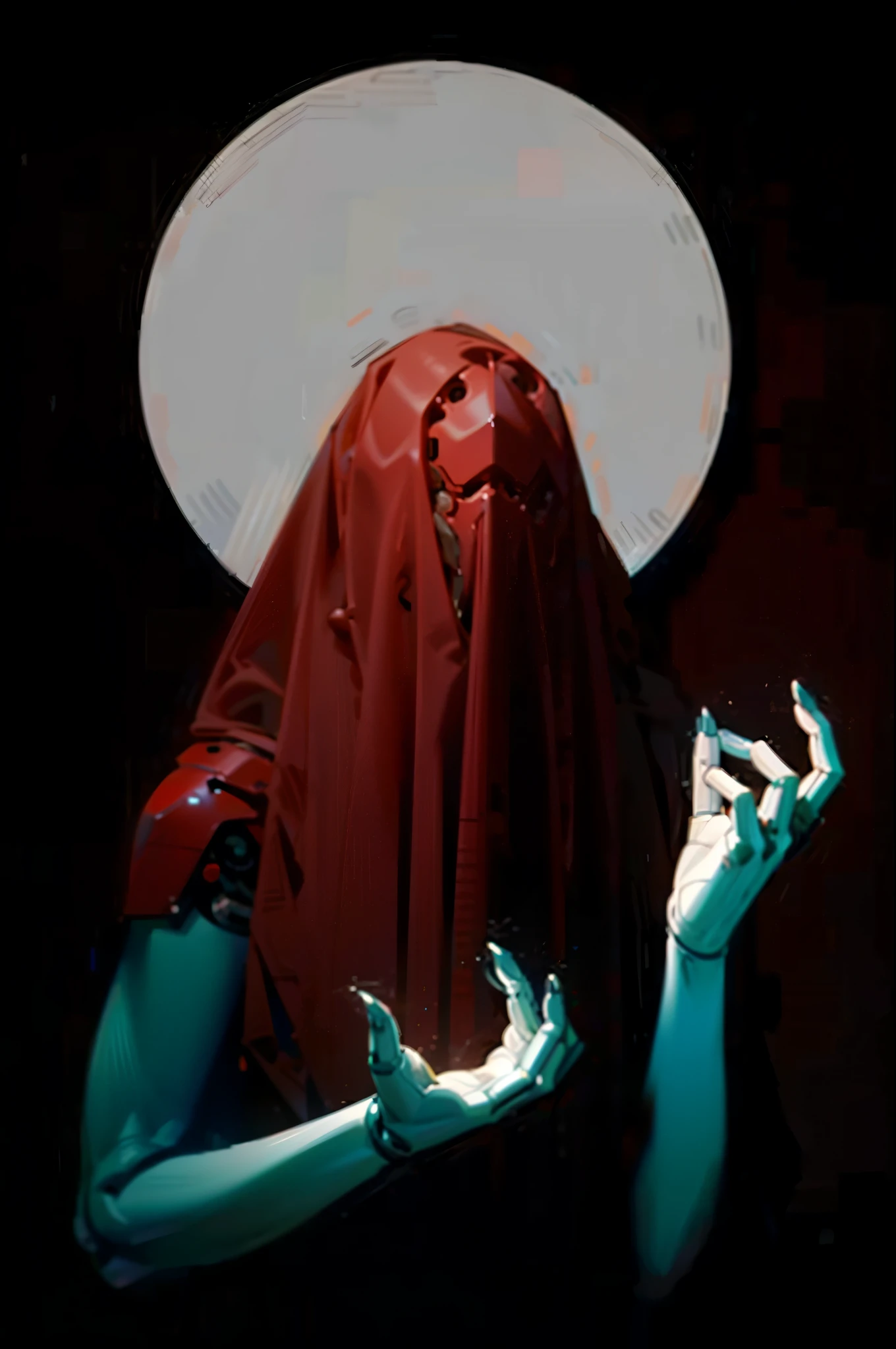 dark_imaginary,cyberpunk,(Saw,Saw man,red:1.1),1man,Mechanical Marvel,Robotic presence,Cyber Guardian, Dark cyberpunk