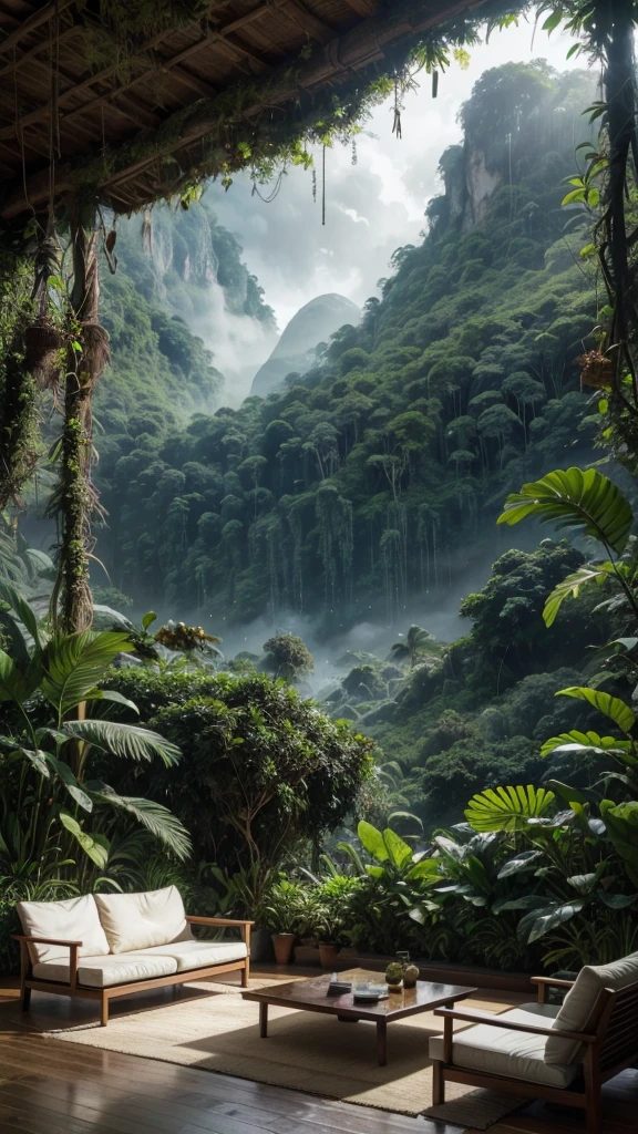Living room with a view of a mountain and a forest, mountainous jungle scenery, jungle scenery, Like a scene from Blade Runner, magical atmosphere, pintura escura ultrarrealista, in a jungle environment, pleasant environment, cloud forest, beautiful jungle, moody environment, lush jungle, Inside an alien jungle, plants and jungle, rainforest mountains, relaxing environment