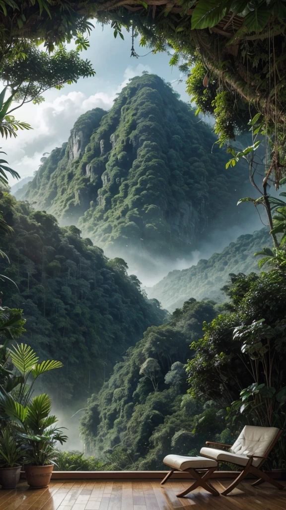 Living room with a view of a mountain and a forest, mountainous jungle scenery, jungle scenery, Like a scene from Blade Runner, magical atmosphere, pintura escura ultrarrealista, in a jungle environment, pleasant environment, cloud forest, beautiful jungle, moody environment, lush jungle, Inside an alien jungle, plants and jungle, rainforest mountains, relaxing environment