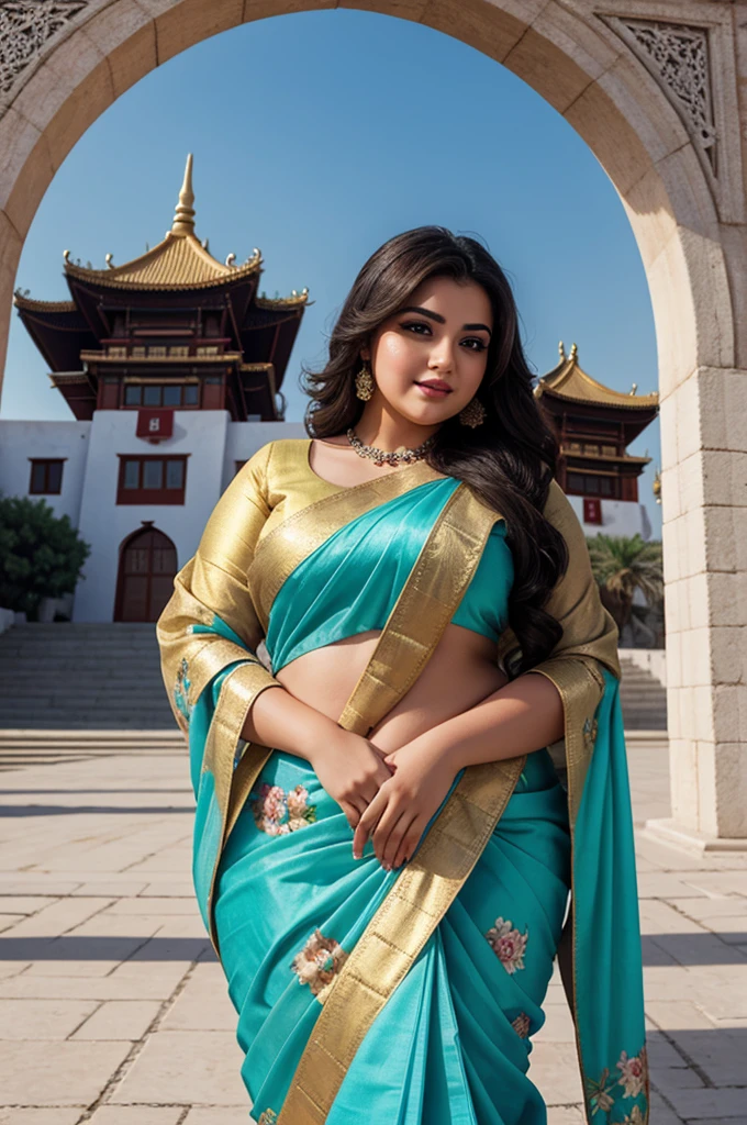1 Heavenly beautiful and goddess beauty cute and sweet looking face Arabian female in front of Potala Palace, China, Heavenly beautiful Overweight, Heavenly beautiful Extremely fat, Heavenly beautiful and attractive Chubby figure , Heavenly beautiful looking and eye catching luxury style floral saree , reaching out, Heavenly beautiful Arabian woman, 16k, High resolution, masterpiece, highest quality, fine skin, outside view, Realistic Photograph