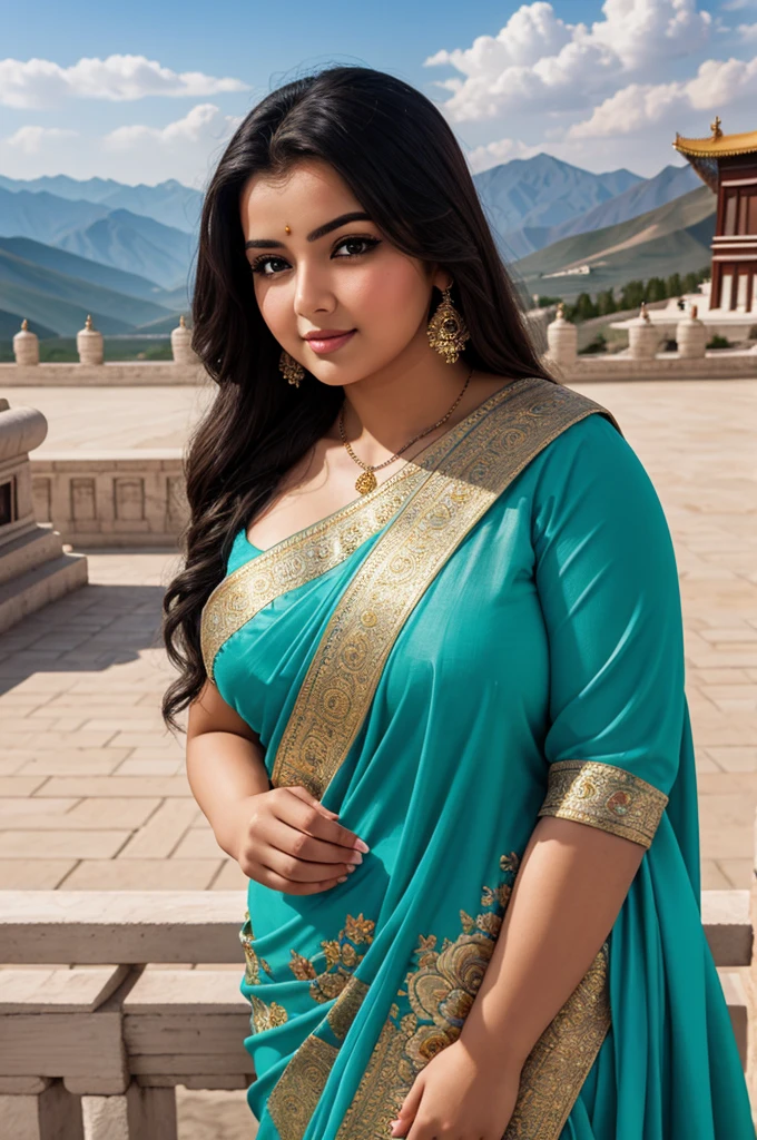 1 Heavenly beautiful and goddess beauty cute and sweet looking face Arabian female in front of Potala Palace, China, Heavenly beautiful Overweight, Heavenly beautiful Extremely fat, Heavenly beautiful and attractive Chubby figure , Heavenly beautiful looking and eye catching luxury style floral saree , reaching out, Heavenly beautiful Arabian woman, 16k, High resolution, masterpiece, highest quality, fine skin, outside view, Realistic Photograph