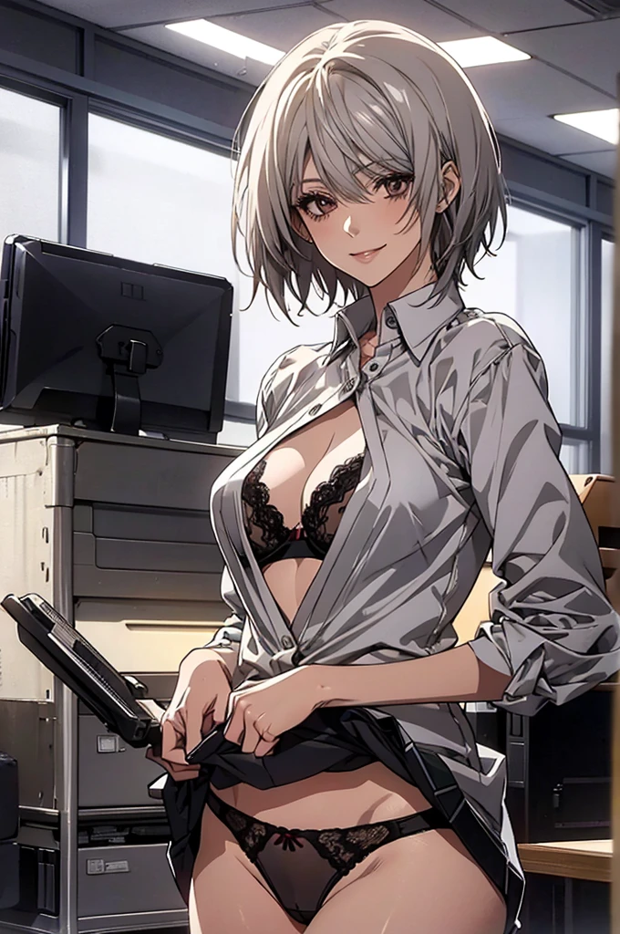 (Highest quality, High resolution, Very detailed), 1 female, Silver Hair, Super short hair, Reddish brown eyes, office staff suit skirt, lace thong bra, Large Breasts, secretary, 24th generation, Beautiful woman, mature, quiet, Calm, A small smile, office,