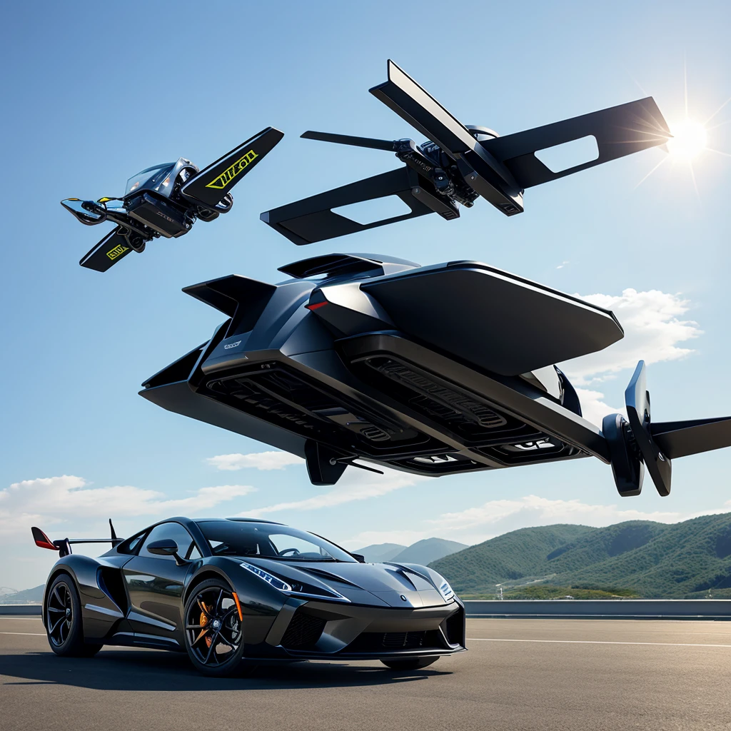 Create a futuristic flying bike and cars