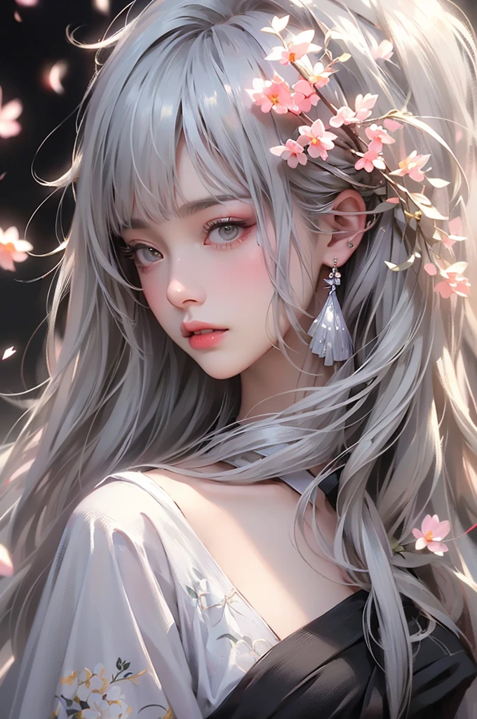 super high quality, masterpiece, Perfect illustration, Very detailed (Exquisite light and shadow, Very dramatic photo,Backlight) , ((Gray Hair:1.5))1 Girl,(( alone:1.6)), (Wearing Japanese clothes, Black and white kimono,Monotony,Long sleeve) Flower Field, Flowers, (White smoke:1.3) (Realistic:1.4), Zen Intertwining, Tangled, Official Art, unity 8k wallpaper, Very detailed, Beautiful and beautiful, masterpiece, Highest quality, (Dynamic Angle: 1.4), Glowing Skin, (Floating colorful flashes: 1) The most beautiful chaotic shapes, elegant, Brutalist Design, Bright colors, Romantic Depth of Field Exotic_dance, half_naked、Expose your shoulders、Ample breasts、Great cleavage、(from forward)