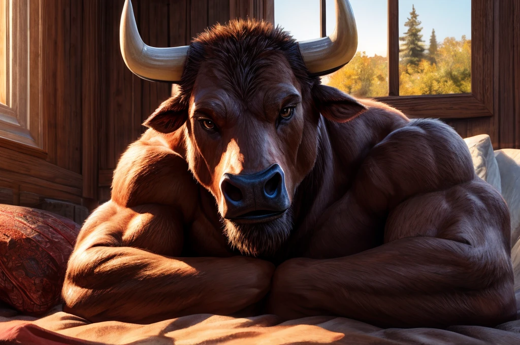 (best quality, 4k, 8k, high resolution, life-like, masterpiece:1.2), ultra detallado, (photographic rendering:1.1), portrait, profesional, vivid colors, Sharp focus, (hyperrealistic textures, morning light:1.05), detailed textures, (warm color tone:0.9), a brown minotaur laying in bed, brown eyes, looking at viewer, looking peaceful, muscular, bovine face