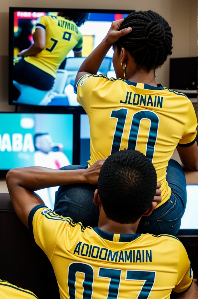 Woman and man from back wearing yellow Colombia shirt with number 10 with the name Keila and Jhonathan watching big TV screen