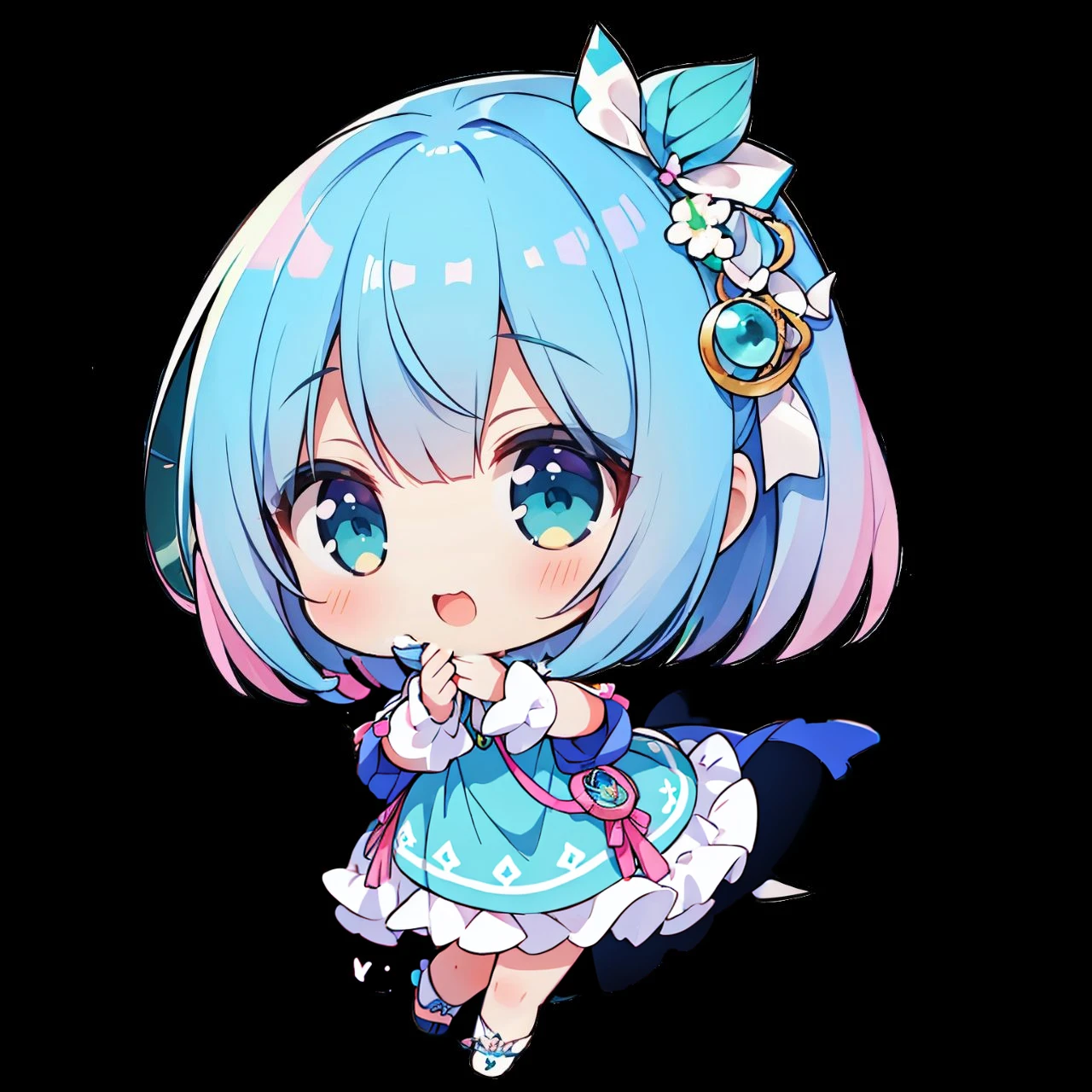 (Highest quality, masterpiece),(Highest quality), (Ultra-high resolution),girl , Bobcut,  chibi,Laughing、Holding a tarot card in one hand、Blue-green dress、Pink and teal gradient hair、Pink and blue gradient eyes、White ribbon in hair、People only、No background