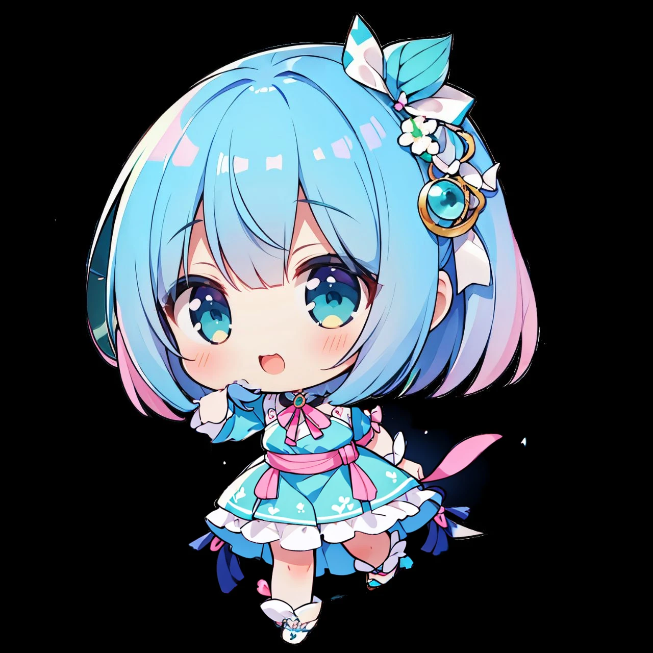 (Highest quality, masterpiece),(Highest quality), (Ultra-high resolution),girl , Bobcut,  chibi,Laughing、Holding a tarot card in one hand、Blue-green dress、Pink and teal gradient hair、Pink and blue gradient eyes、White ribbon in hair、People only、No background