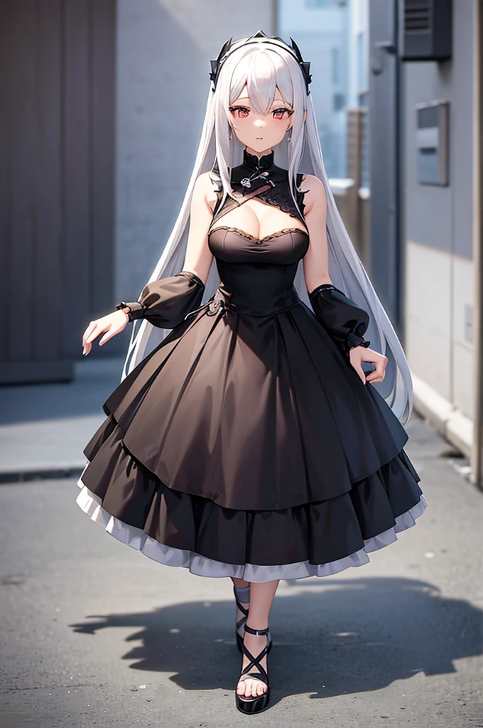 Anime-style image of a woman with white hair and black clothing, Cute 3D anime girl render, Cute anime waifu in a nice dress, From Arknights, Anime VTuber Full Body Model, April Rendering, Anime girl in a black dress, Gothic Maiden Anime Girl, Highly detailed characters, Official character art
