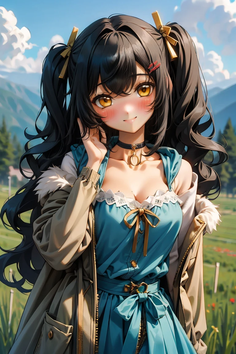 (masterpiece:1.2), (high quality:1.2), girls with((1girl, solo, black hair, yellow eyes, (wavy long hair, one side up, hairclips:1.3), blush, breasts, choker, cleavage, coat, cowboy shot, blue lace dress, camisole, ribbon waist belt, black ribbon belt, collar, collarbone, rosary, rosary choker, cross, fur, fur trim, parka, khaki hoodie, green hoodie, khaki jacket, hood down, hooded coat, hooded jacket, hoodie, jacket, large breasts, long sleeves, medium breasts, open clothes, open coat,open hoodie, sleeveless, winter clothes, zipper, cleavage, upper body, hand up, waving, palm)), background with((architecture, blue sky, bush, castle, village, no humans, cloud, cloudy sky, day, field, garden, grass, hill, house, lamppost, landscape, mountain, mountainous horizon, nature, no humans, outdoors, scenery, shrine, sky))