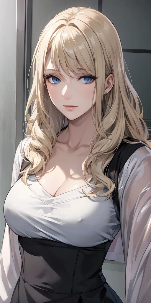 Elegant mature woman, blonde hair, blue eyes, 4k resolution, high quality cg, beautiful cg, soft light,