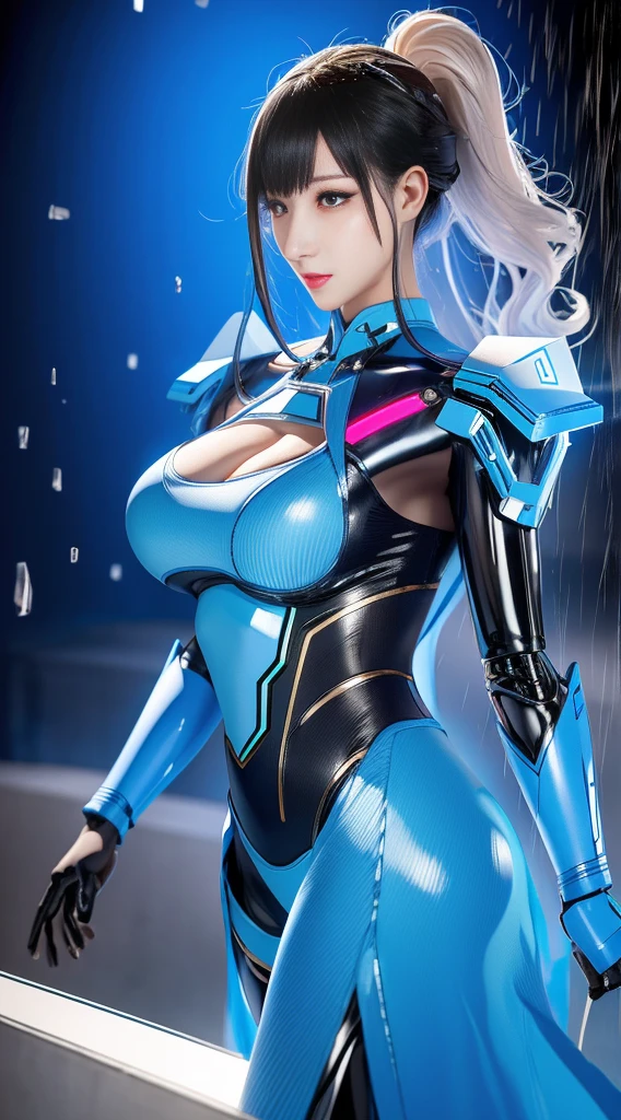 Jay super details, High Detail, high quality, best quality, High resolution，1 female robot，Beautiful female robot,beautiful clear face(Rain waves_haneame：1.5), high tech，combat weapons，Mechanical body(Smooth metal surface，armor，Mechanical seams of skin，beautiful body curves)，high tech機械鎧甲(Highlight breast contour)