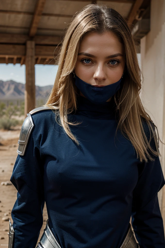 slavic woman, blond hair, blue eyes, sci-fi, slim black armor, insert metalic plates, navy blue plates, future, desert